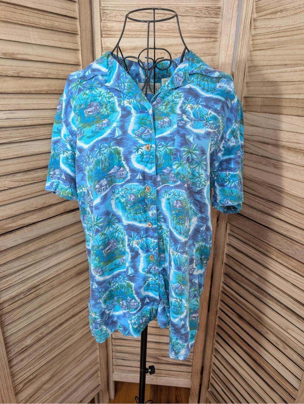 VTG St Johns Bay Hawaiian Shirt Mens Medium Blue Island Style All Over Print 90s